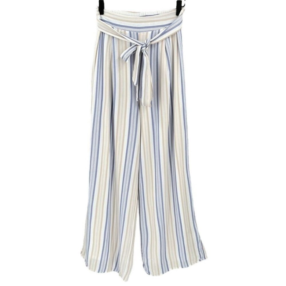Sadie & Sage Ladies Wide Leg Pants Size S Gauzy Stripe Lined Blue Tan Stripe